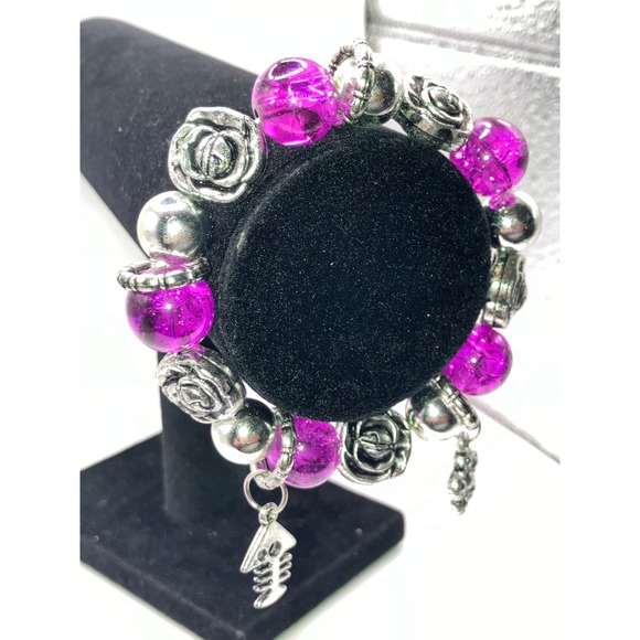 Purple Crystals Silver-Tone Beaded Charm Bracelet! - Picture 2 of 7